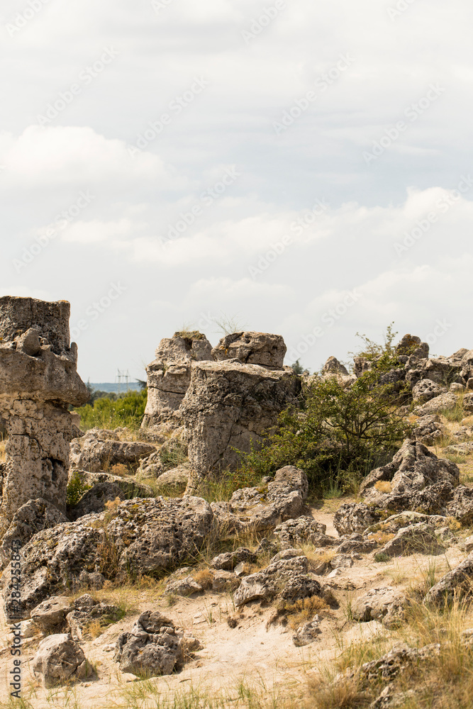 Planted stones, also known as The Stone Desert. Landforms of Varna Province. Rock formations of Bulgaria. Stone forest.	