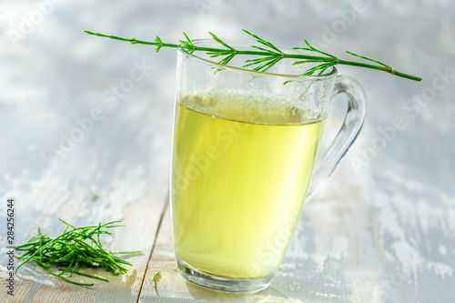 Alternative Medicine. Herbal Therapy. Horsetail infusion in glass cup. grey background photo