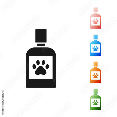 Black Dog medicine bottle icon isolated on white background. Container with pills. Prescription medicine for animal. Set icons colorful. Vector Illustration