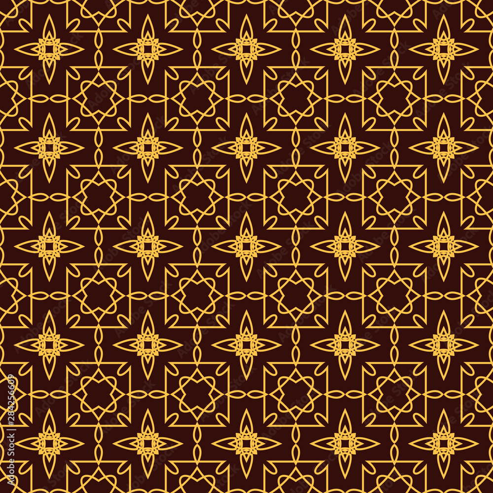 Vector, seamless, abstract ornament: yellow patterns on dark brown background