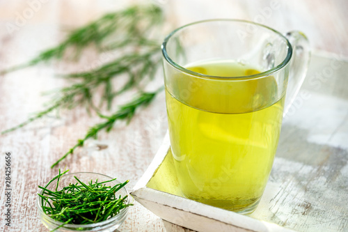 Alternative Medicine. Herbal Therapy. Horsetail infusion in glass cup. grey background photo