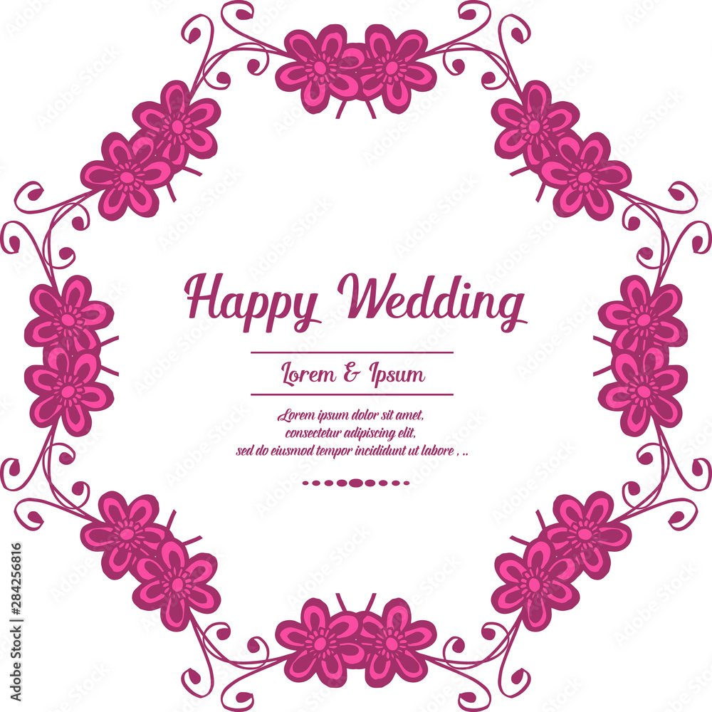 Shape of card happy wedding, pattern art pink wreath frame, isolated on a white backdrop. Vector