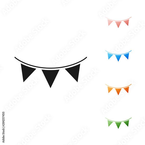 Black Carnival garland with flags icon isolated on white background. Party pennants for birthday celebration, festival and fair decoration. Set icons colorful. Vector Illustration