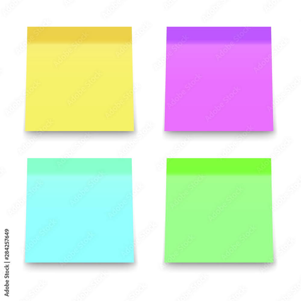 Sticky office notes. Paper colored square reminders isolated on white background. 
