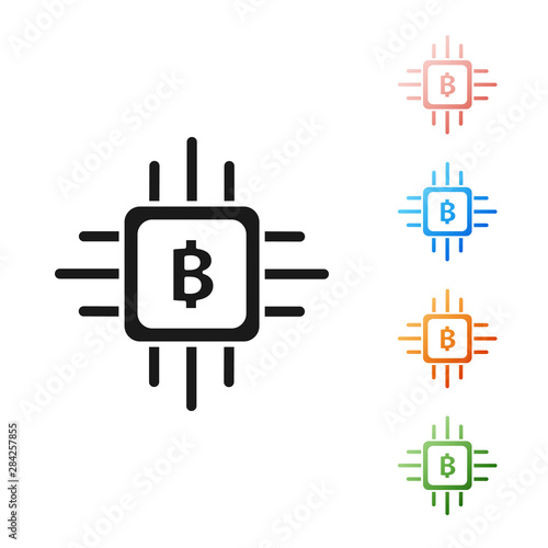 Black CPU mining farm icon isolated on white background. Bitcoin sign inside processor. Cryptocurrency mining community. Digital money. Set icons colorful. Vector Illustration