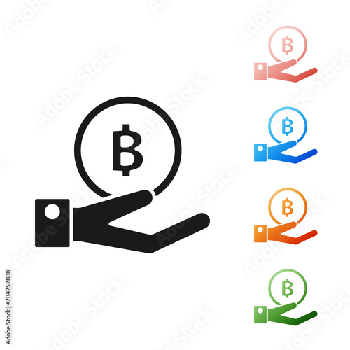 Black Hand holding Bitcoin icon isolated on white background. Blockchain technology, digital money market, cryptocoin wallet. Set icons colorful. Vector Illustration