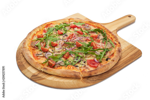 Food service concept - wooden board with pizza on a white background.