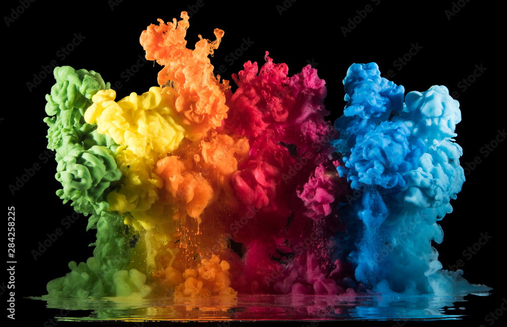 Colorful paint drops from above mixing in water. Ink swirling underwater. - obrazy, fototapety, plakaty 