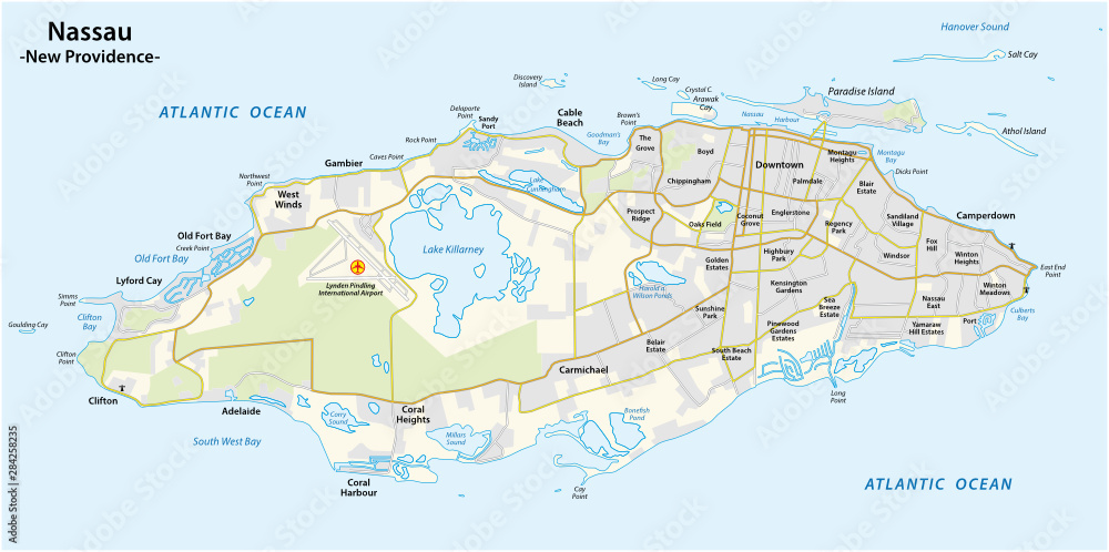 Map of Nassau capital of the Bahamas on the island New Providence