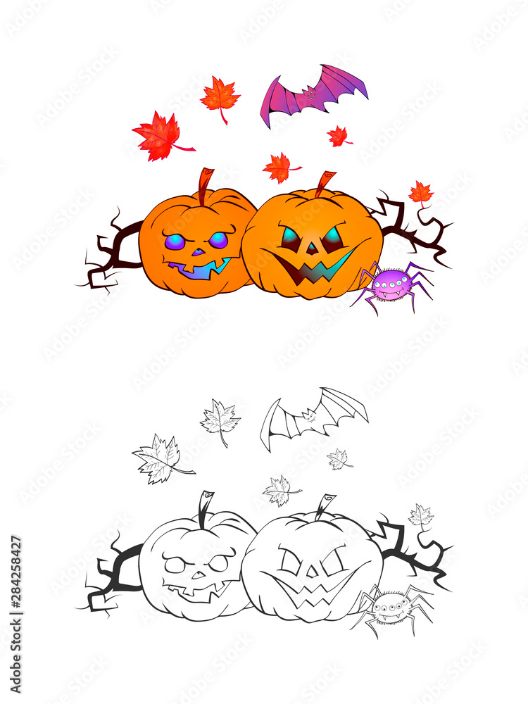 Halloween illustration with smiling Pumpkins, bat and spider on a white background. Page of coloring book.
