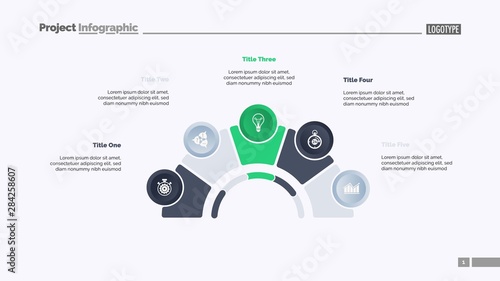 Process chart with five elements. Step diagram, pie chart, layout. Creative concept for infographics, presentation, project, report. Can be used for topics like management, strategy, planning.