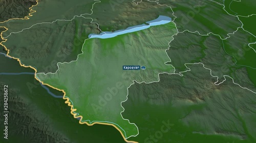 Somogy - county of Hungary with its capital zoomed on the physical map of the globe. Animation 3D