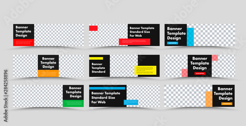 Horizontal black vector web banner templates with colored rectangular for text and place for photo.
