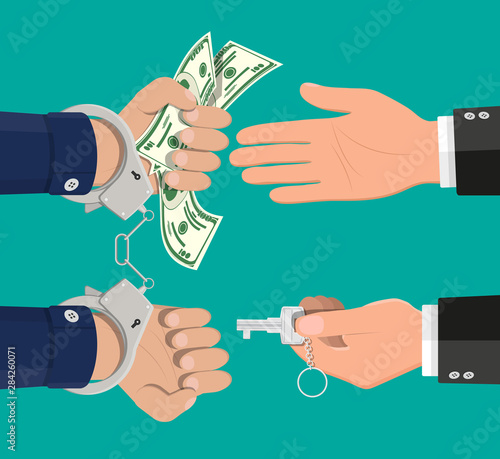 Hand with key unlocking handcuffs for money. Freedom for bribe. Anti corruption and bribery concept. Vector illustration in flat style