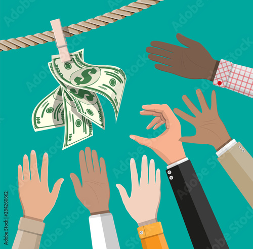 Wet dollar bills hanging on rope attached with clothes pins. Money laundering concept. Dirty money. Hidden wages, salaries black payments, tax evasion, bribe. Anti corruption. Flat vector illustration