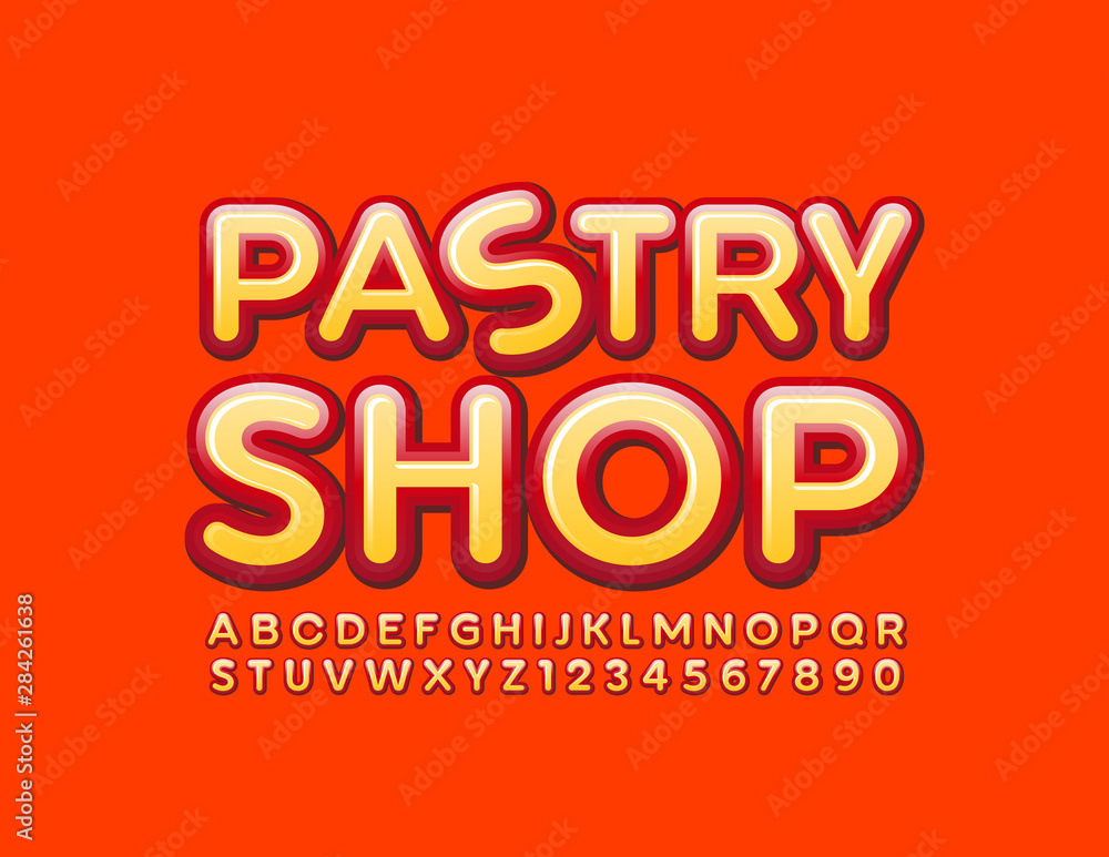 Vector tasty Emblem Pastry Shop. Bright Alphabet Letters. Colorful glossy Font for Marketing and Promotion.