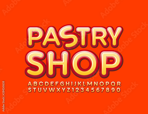 Vector tasty Emblem Pastry Shop. Bright Alphabet Letters. Colorful glossy Font for Marketing and Promotion.