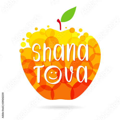 Happy jewish new year congrats. Shana tova text. Abstract isolated graphic design template. Meal and fruit elements. Honey apple with bubbles and inscription. Celebrating conratulating decorative sign