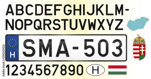 Hungary car license plate, letters, numbers and symbols, vector illustration, European Union