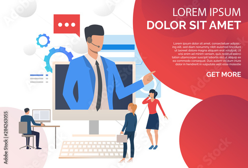 Call center operator wearing headset and consulting clients. Assistance, telemarketing concept. Presentation slide template. Vector illustration for topics like customer support, call center