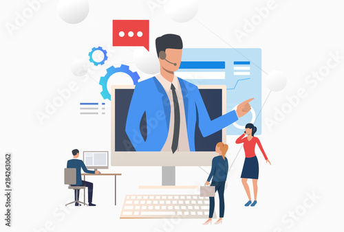 Call center operator wearing headset and consulting customers. Computer, assistance, telemarketing concept. Vector illustration can be used for topics like customer support, call center