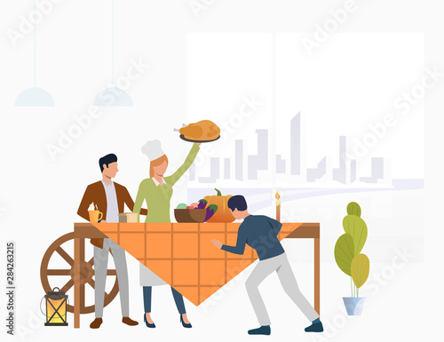 Family gathered at feast table. Male and female cartoon characters celebrating Thanksgiving day. Vector illustration for banner, postcard, advertising photo