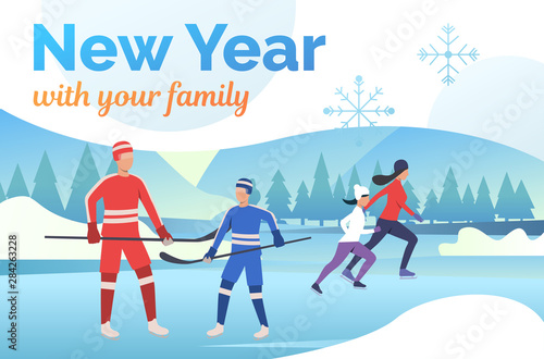Family skating and playing hockey on frozen pond slide. Outdoors, parents, children, winter sports. New Year with family concept. Vector illustration can be used for presentation, postcard, project