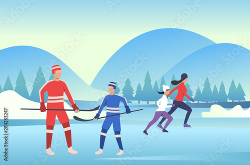 Family skating and playing hockey on frozen pond. Outdoors, parents, children, winter sports. New Year with family concept. Vector illustration can be used for presentation slide, postcard, project