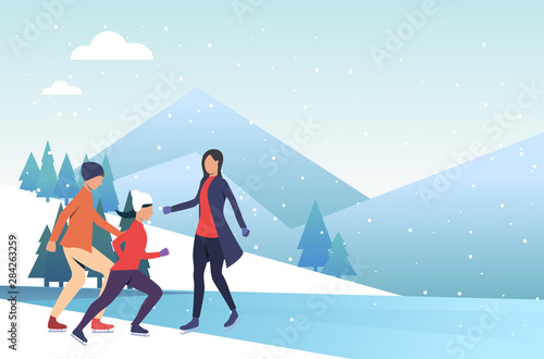 Family skating on frozen pond. Outdoors, parents, children, winter sports. New Year with family concept. Vector illustration can be used for presentation slide, postcard, project