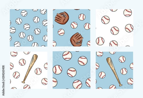 Collection of baseball seamless patterns. Cute doodles hand drawn baseballs background texture tiles set