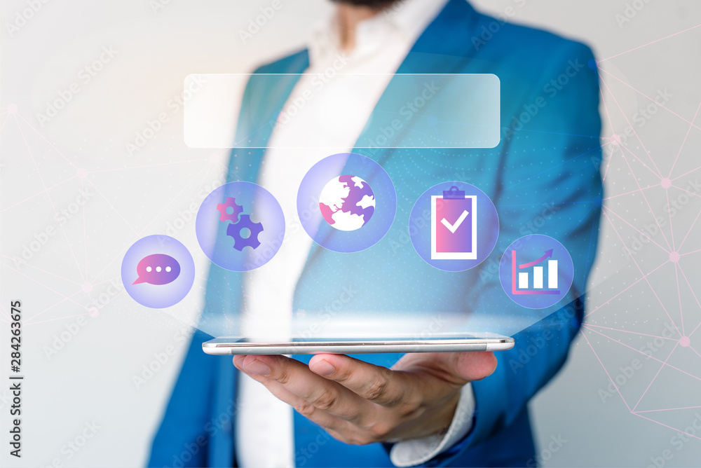 Male human wear formal work suit presenting presentation using smart device