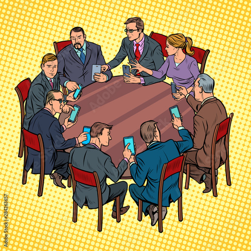 businessmen meeting man and woman. smartphones gadgets technology
