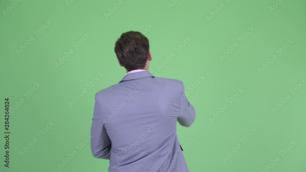 Rear view of young businessman pointing finger Rear view of young businessman pointing finger