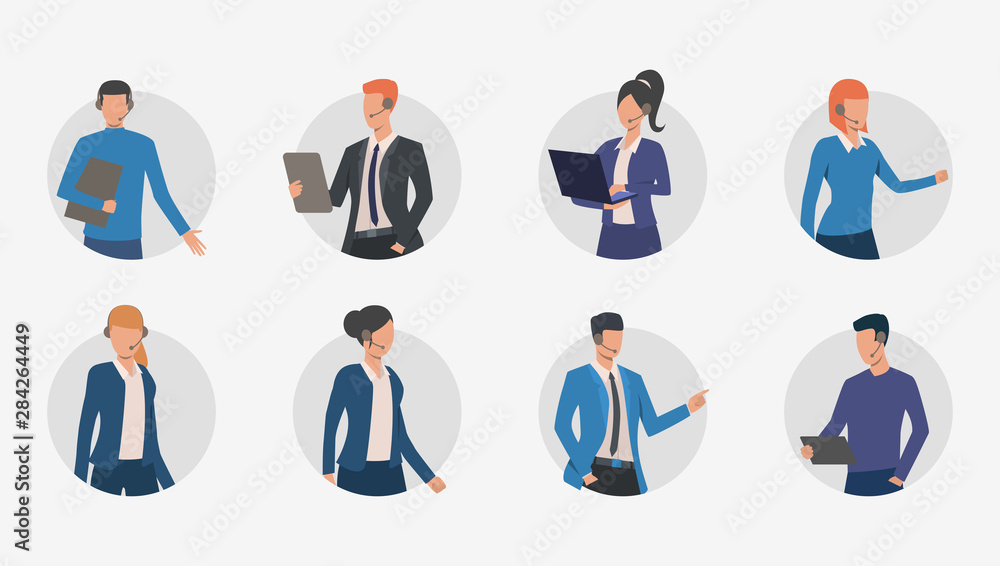 Business people making phone calls. Male and female customer support phone operators. Vector illustration for banner, brochure, commercial - obrazy, fototapety, plakaty 