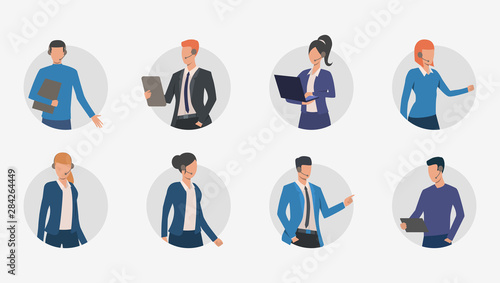 Business people making phone calls. Male and female customer support phone operators. Vector illustration for banner, brochure, commercial