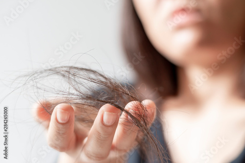 Hand of female holding hair fall or loss  is a problem of women on white background.