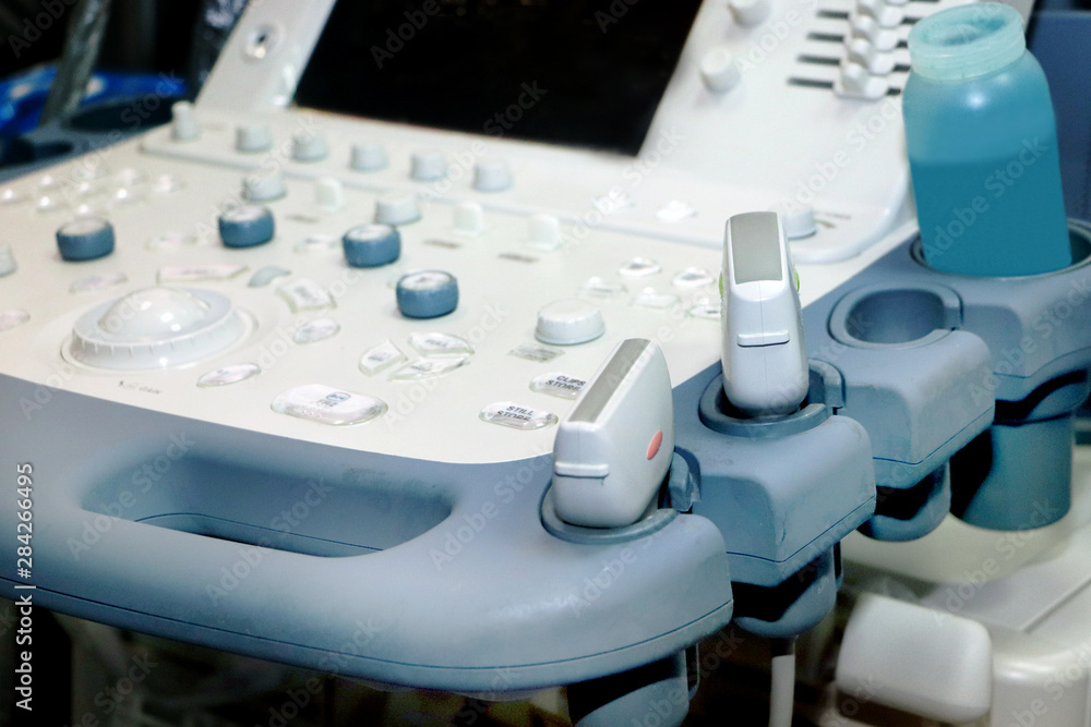 Workplace of the doctor of ultrasound diagnostics. Medical clinic: Ultrasound, sonography, ultrasound examination Workplace of the doctor of ultrasound diagnostics. Medical clinic: Ultrasound, sonography, ultrasound examination