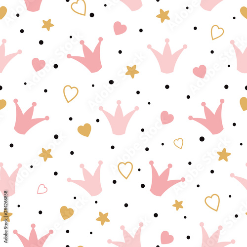Seamess pattern with doodle pink crowns hearts Baby girl wallpaper Little princess design