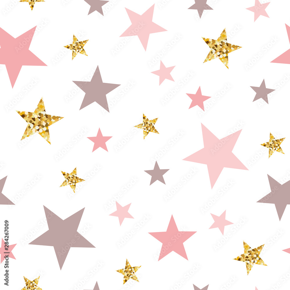 Pink seamless pattern gold glitter stars pink for Christmas backgound or baby shower sweet girl design