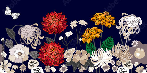 Vintage border with dahlias and asters. 