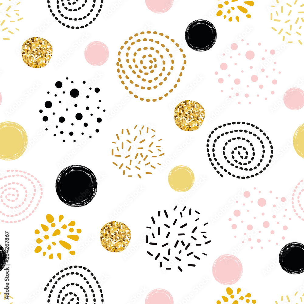 Fototapeta Seamless pattern polka dot abstract ornament decorated golden, pink, black hand drawn circle elements