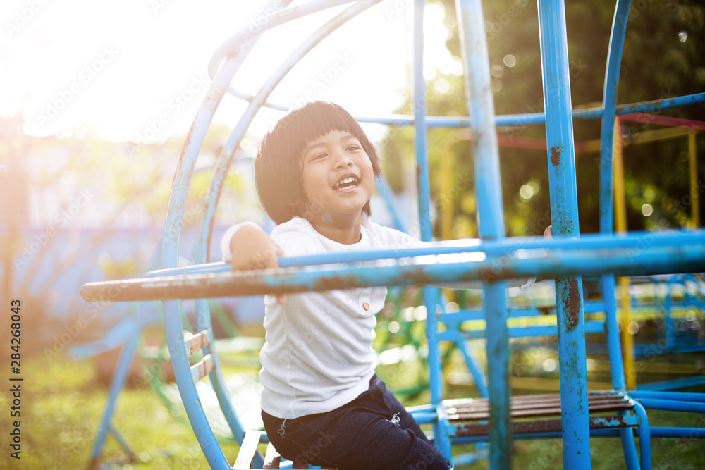 Obraz premium Healthy little kids are playing in the backyard, happy with the swings, rocking horses, slide carriages.