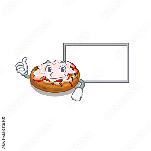 Thumbs up with board bruschetta served above the mascot board