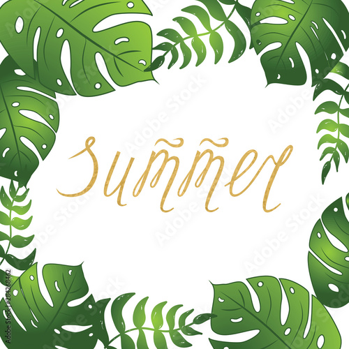 Green tropical leaves frame with typographic text Summer in gold