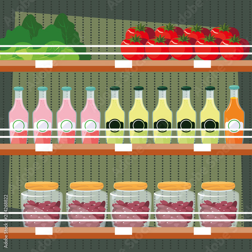 store wooden shelving with juices bottled and fresh foods