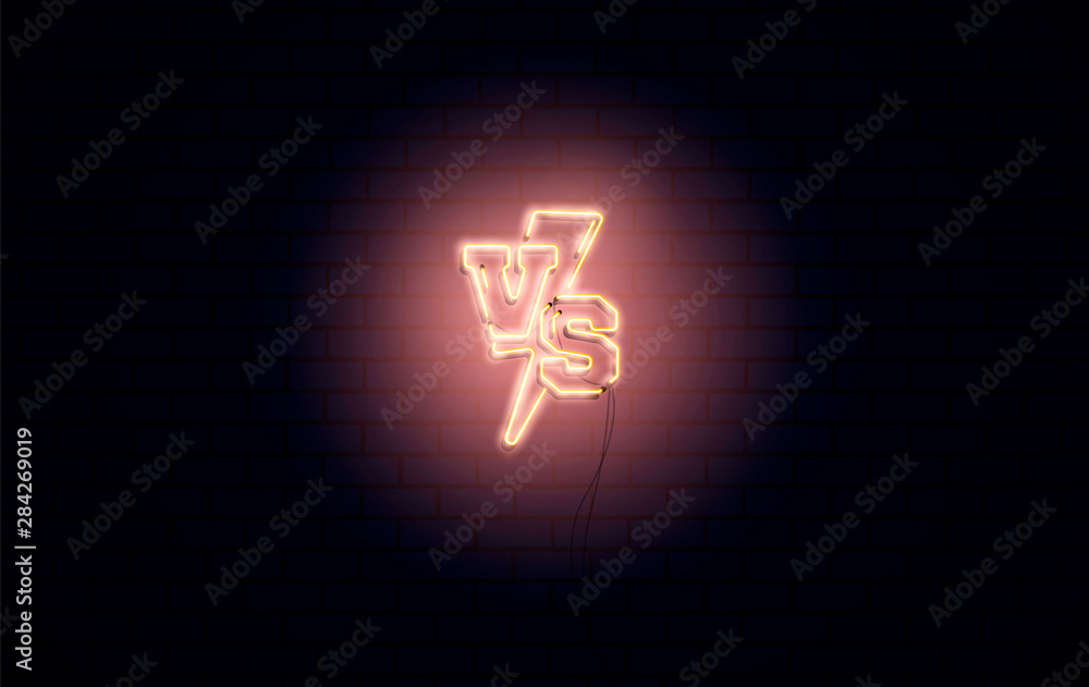 Versus 3d neon signs vector. Set of Versus logo, symbol in realistic yellow neon style. Design template, night advertising. Battle vs match, game concept competitive vs Versus 3d neon signs vector. Set of Versus logo, symbol in realistic yellow neon style. Design template, night advertising. Battle vs match, game concept competitive vs
