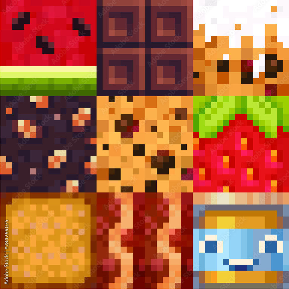 Food tiles, chocolate bar with nuts and fruits strawberry watermelon,  cookie, pixel art style abstract pattern texture pixel art background. Game  design. Isolated vector 8-bit illustration. Stock-Vektorgrafik | Adobe Stock