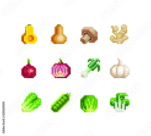 Vegetables 16x16 pixel art icons set, pear, mushroom, ginger, leek, onion, garlic, celery, peas and cabbage, isolated vector illustration. Design for logo, sticker and mobile app.