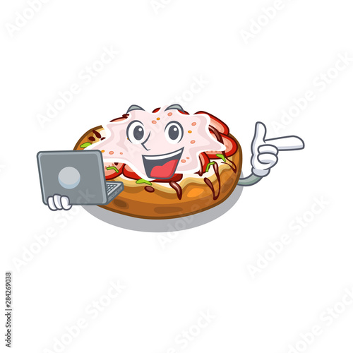 With laptop bruschetta served above the mascot board