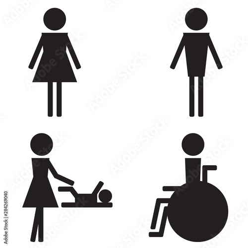 Black  toilet signs isolated on white background, man, women, baby changing,  handicap. General icons for public place.